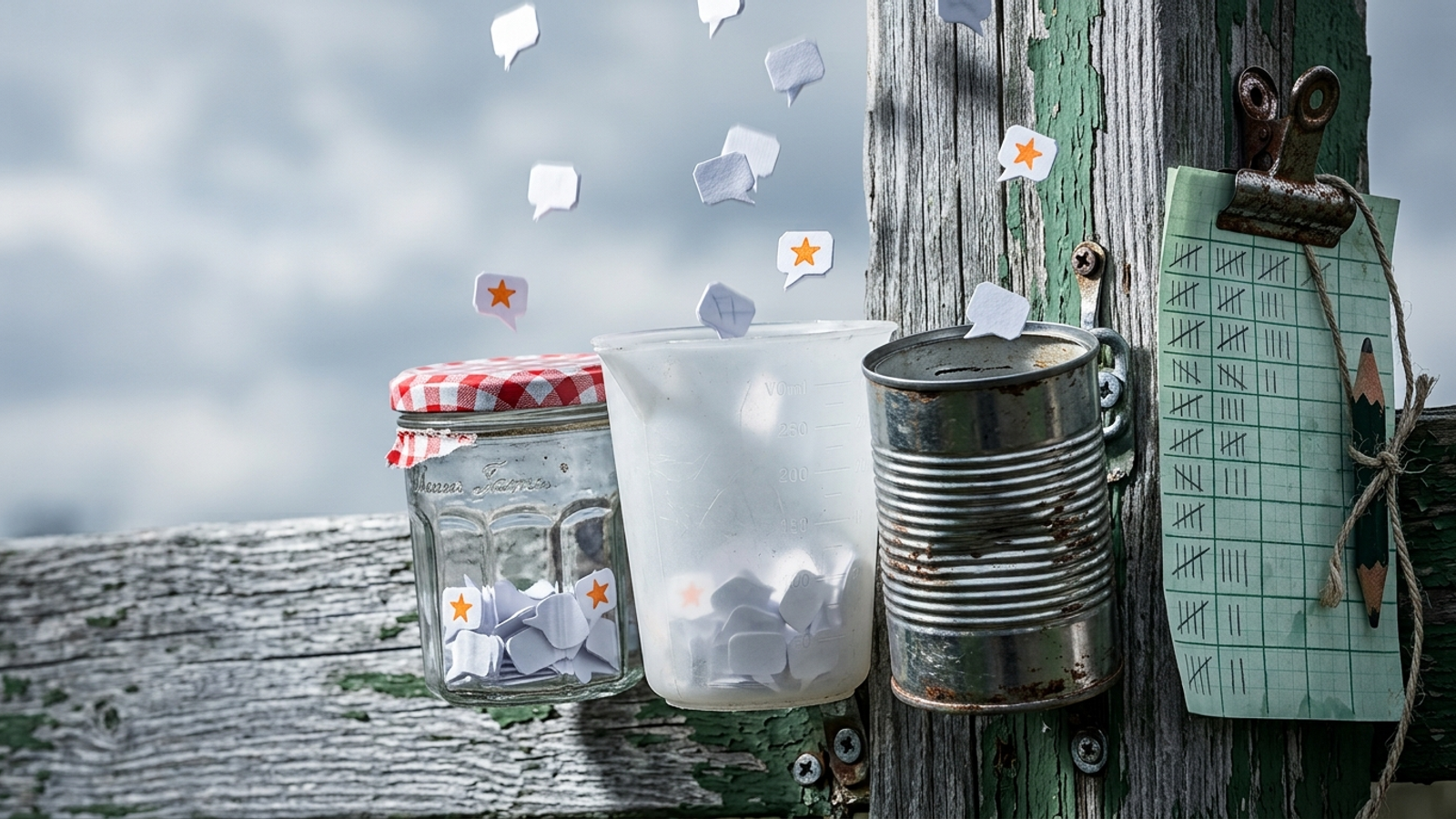 Three mismatched homemade rain gauges on a fence post catch falling paper speech bubbles, a few marked with orange stars, tallied on graph paper.