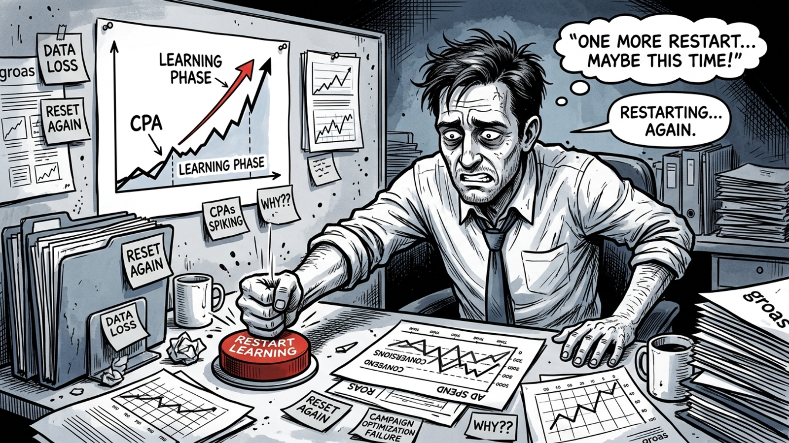 Cartoon of a marketer pressing a restart button on a Google Ads console as a CPA graph rises