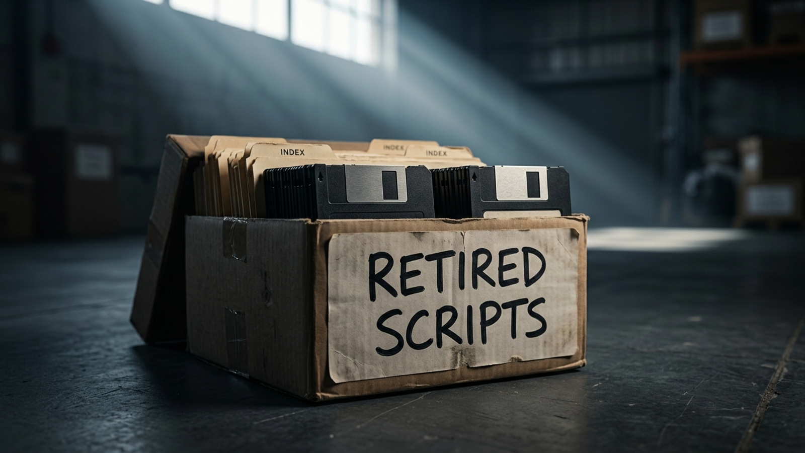 A worn box labeled retired scripts, filled with obsolete disks and folders.