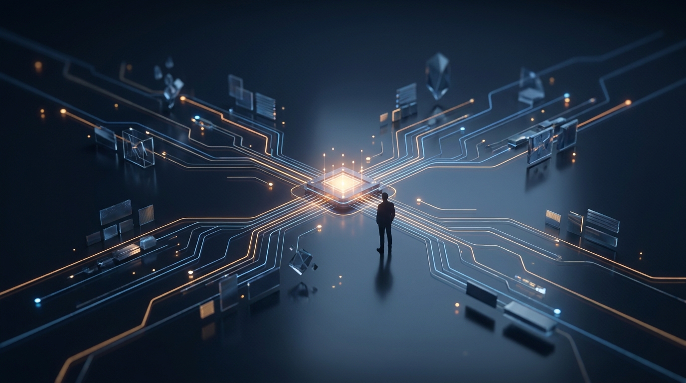 A sleek command center at night with glowing blue circuit-like pathways converging into a single luminous core, overseen by a calm human silhouette