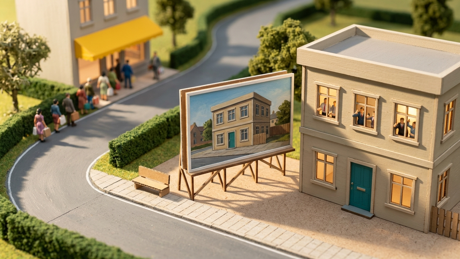 Tiny office workers admire a billboard of their own building placed outside their windows, while customers far away queue at a rival's shop.