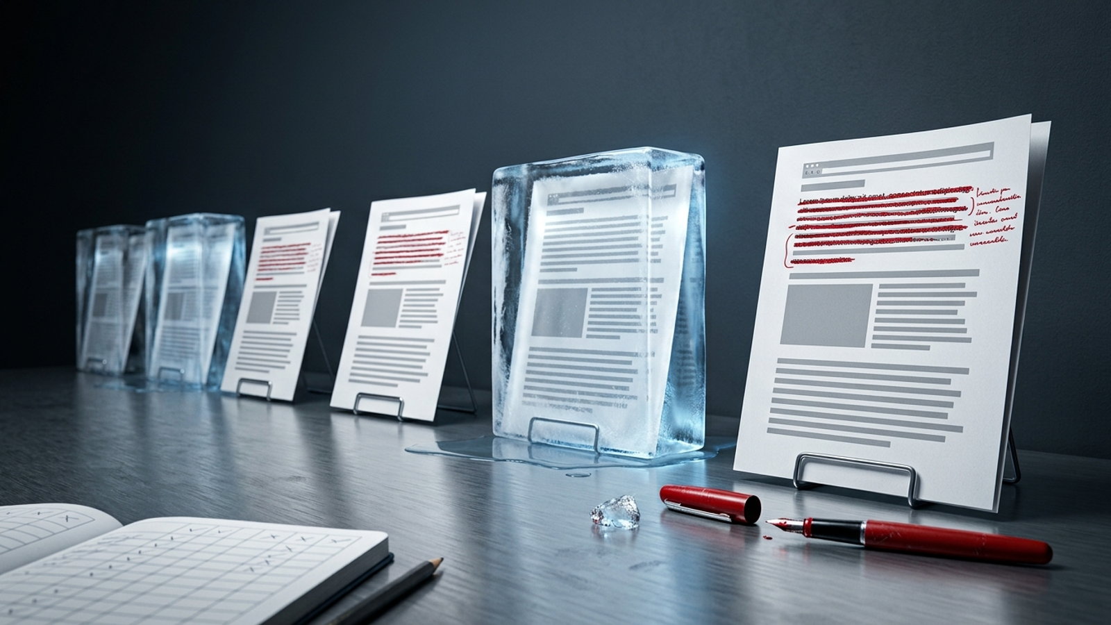 Five red-pen-edited web pages on a lab bench, each paired with an identical page frozen in ice as an untouched control group.