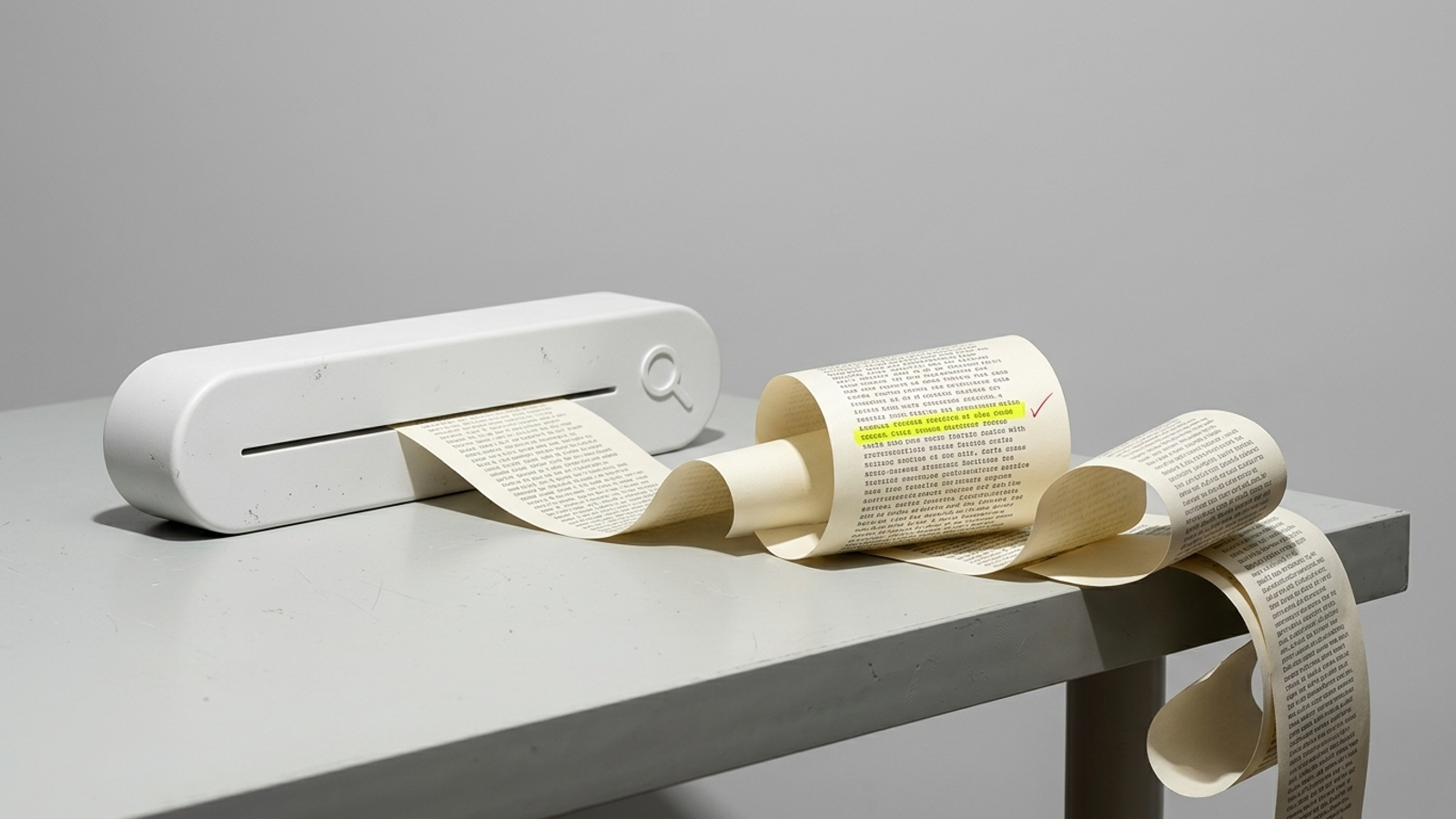 A white search bar spills a long typed paper ribbon across a desk, one line highlighted yellow: queries now arrive as full buyer briefs, not keywords.