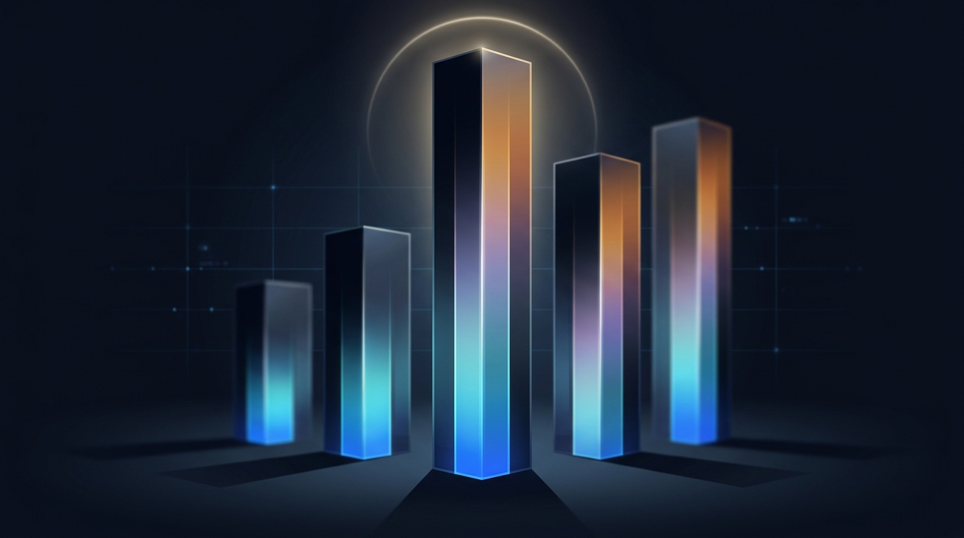 Five illuminated columns of varying heights arranged in a ranked formation, representing a tiered comparison of automation tools against a dark gradient background.