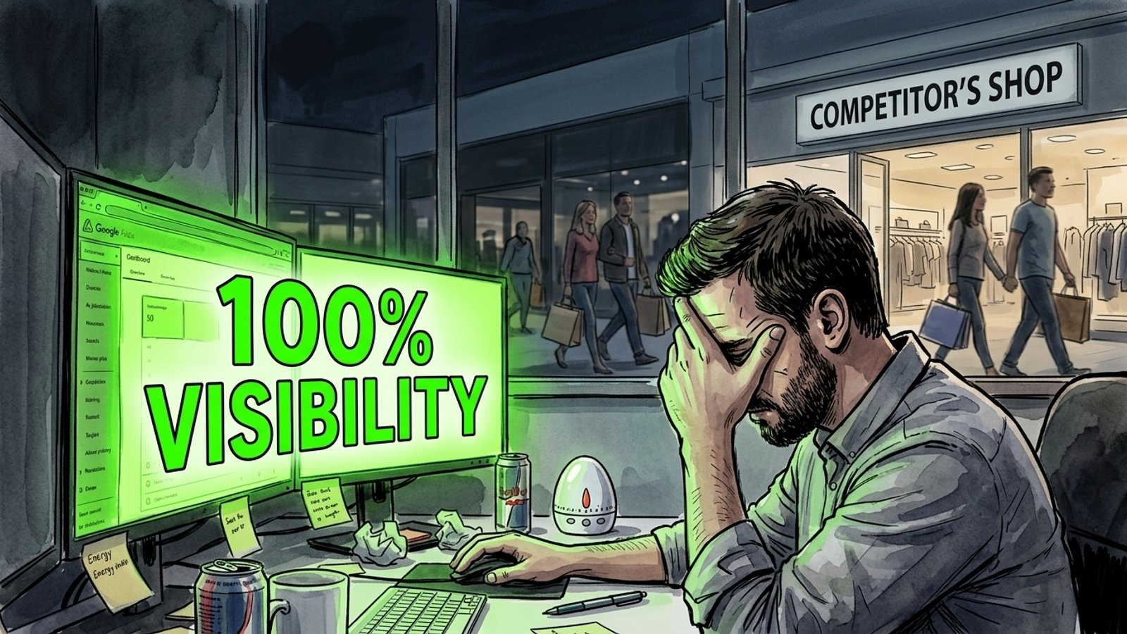 Cartoon marketer studying a perfect visibility score while customers shop elsewhere