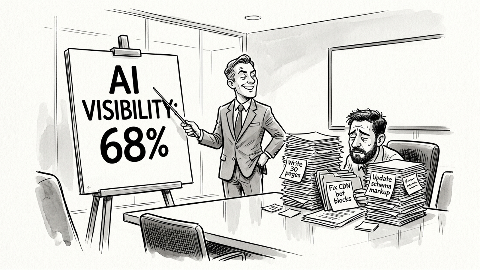 A consultant presents an AI score chart to an owner buried under a mountain of tasks.