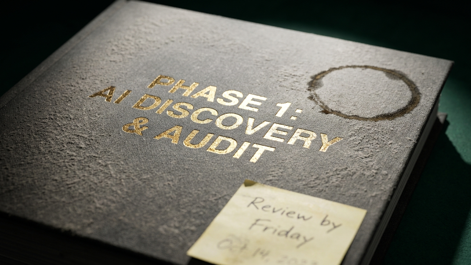 Studio photograph of an AI discovery audit binder gathering dust beside a coffee stain.