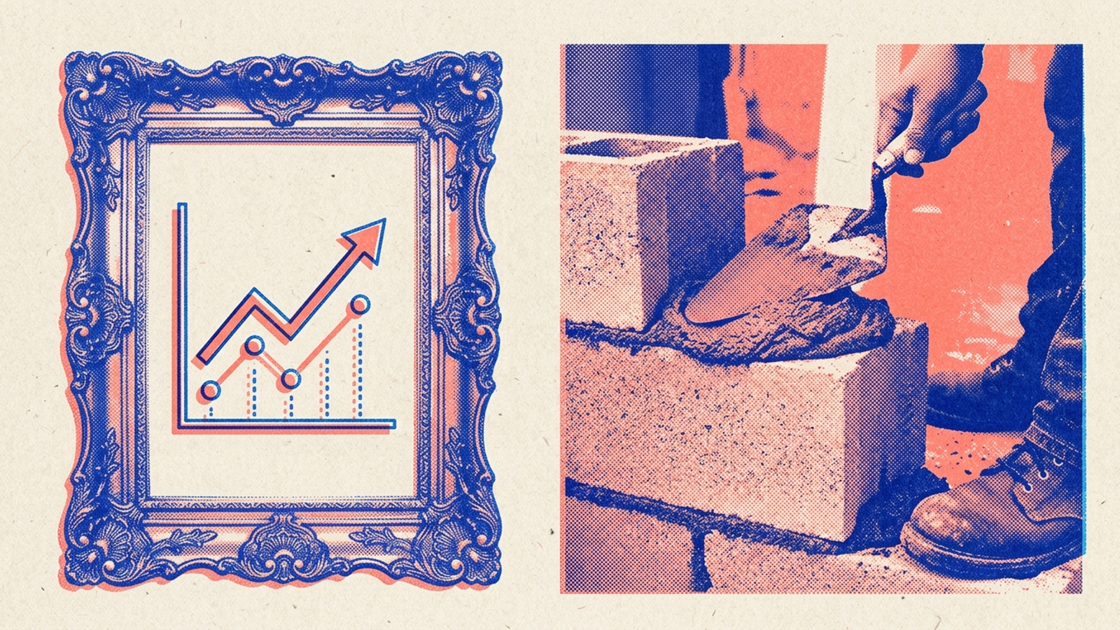 Split risograph print: an analytics chart in a gilded frame beside work boots and a trowel laying concrete blocks.