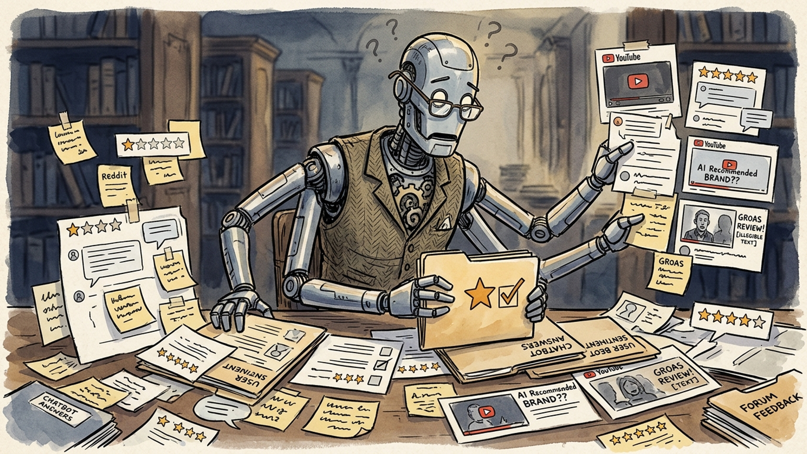 Cartoon chatbot assembling a brand recommendation from review snippets
