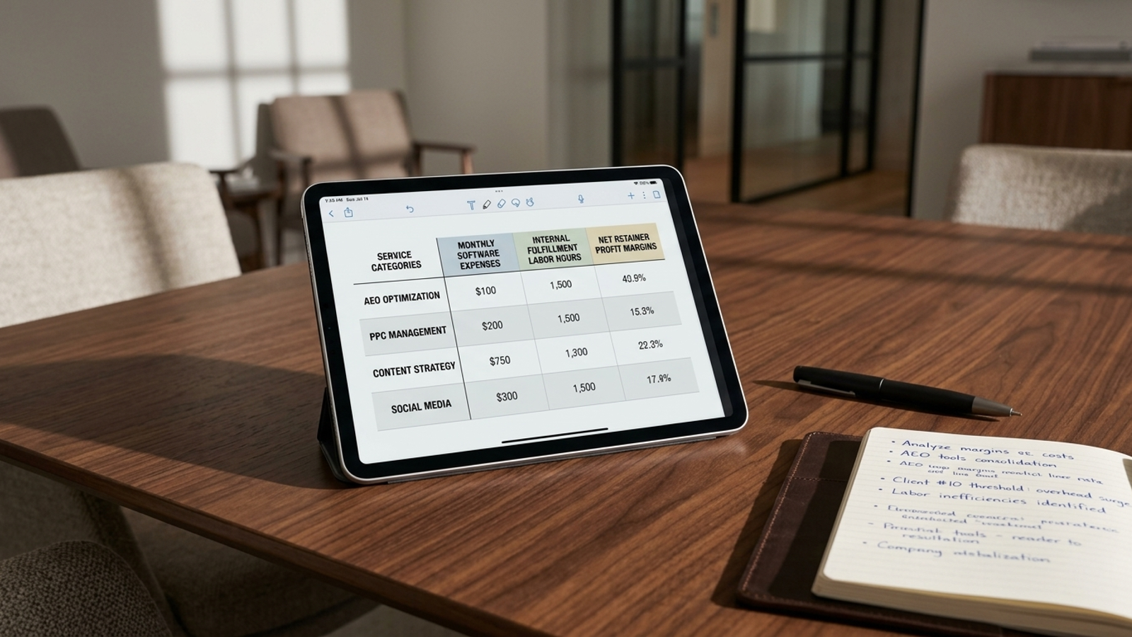 Tablet showing a comparison of software costs, fulfillment work, and retainer risk across four AEO categories.