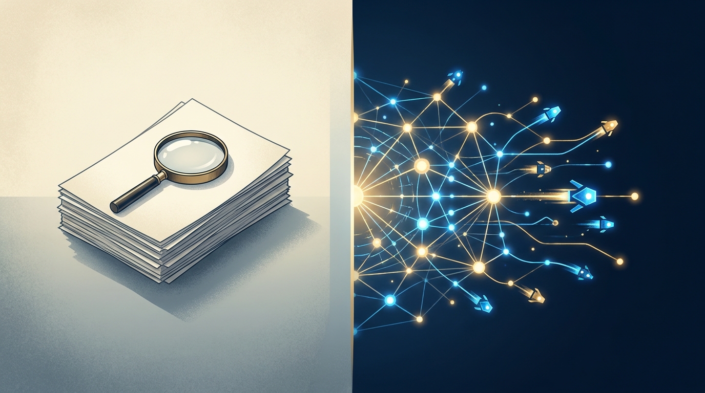 A split composition showing a static checklist document on one side and a dynamic, interconnected network of glowing nodes on the other, symbolizing audit tools vs autonomous management.