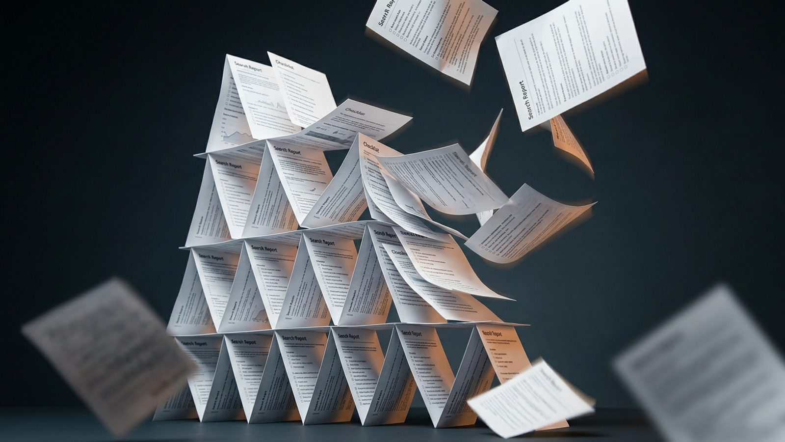 A house of cards collapses beside scattered technical SEO audit printouts.