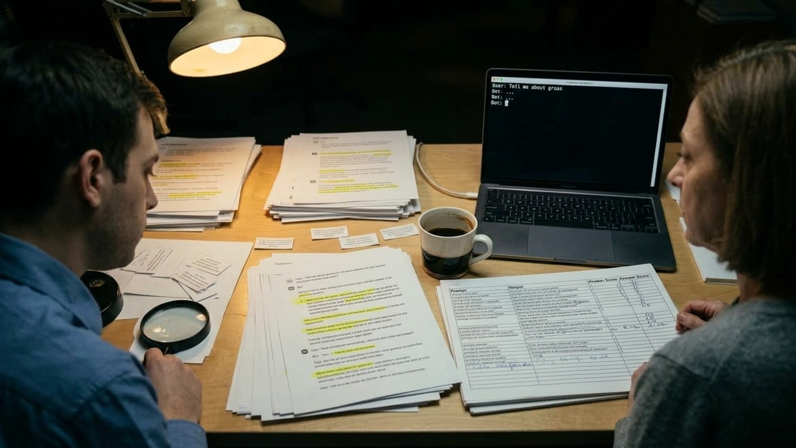 Printed chat responses beside a highlighted spreadsheet on a cluttered desk.