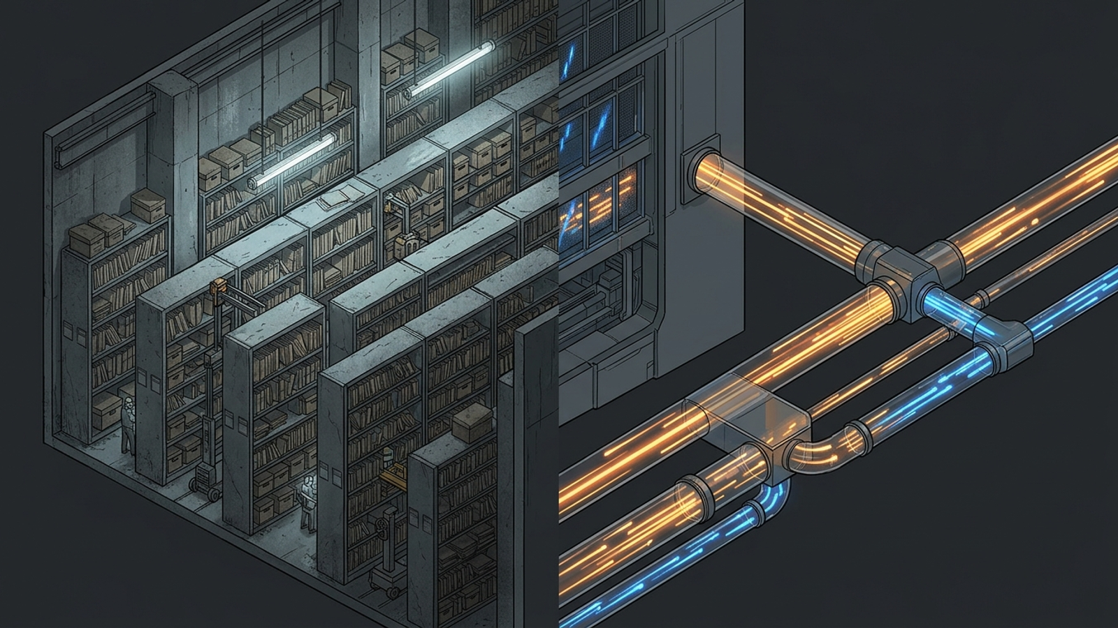 A slow model-training archive beside a fast conduit for live AI retrieval.
