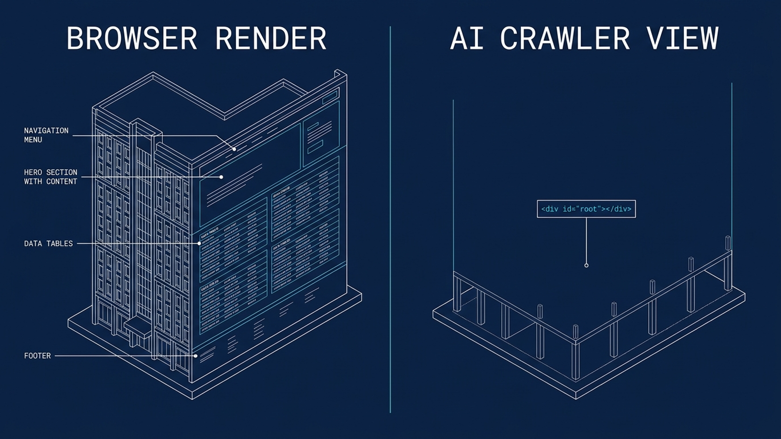 A finished software interface beside the nearly empty HTML shell a crawler might receive.