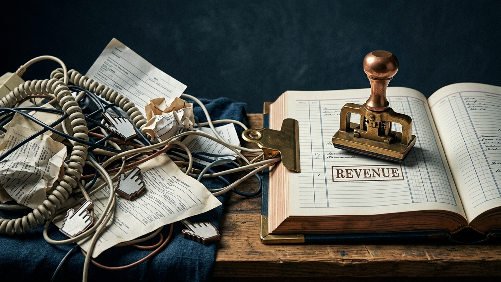 Surreal still life of tangled phone cords feeding into a CRM ledger of calls and revenue