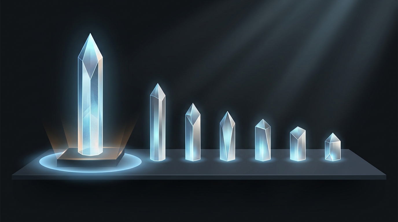 A grid of seven glowing geometric forms arranged in a ranked lineup, with one elevated form casting a broader light, representing a comparison of AI management options.