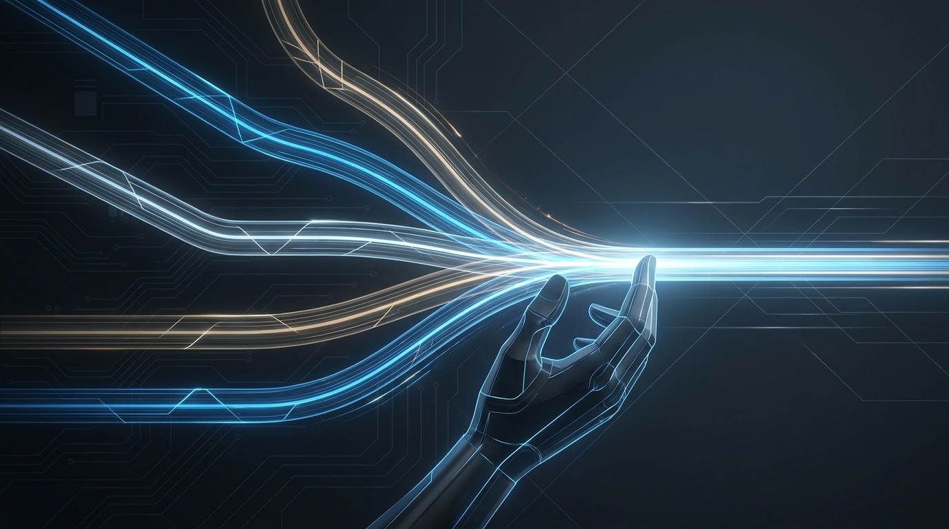 Abstract editorial illustration of interconnected signal channels converging into a unified optimized flow, representing Performance Max campaign strategy and control in 2026.