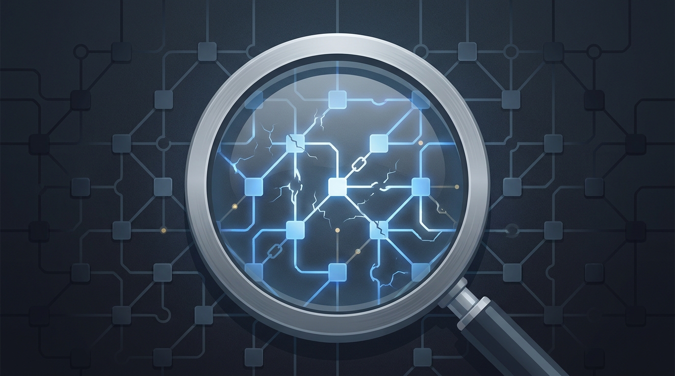 A forensic audit scene: a magnifying glass hovering over a glowing grid of interconnected nodes, illuminating hidden inefficiencies in a structured network