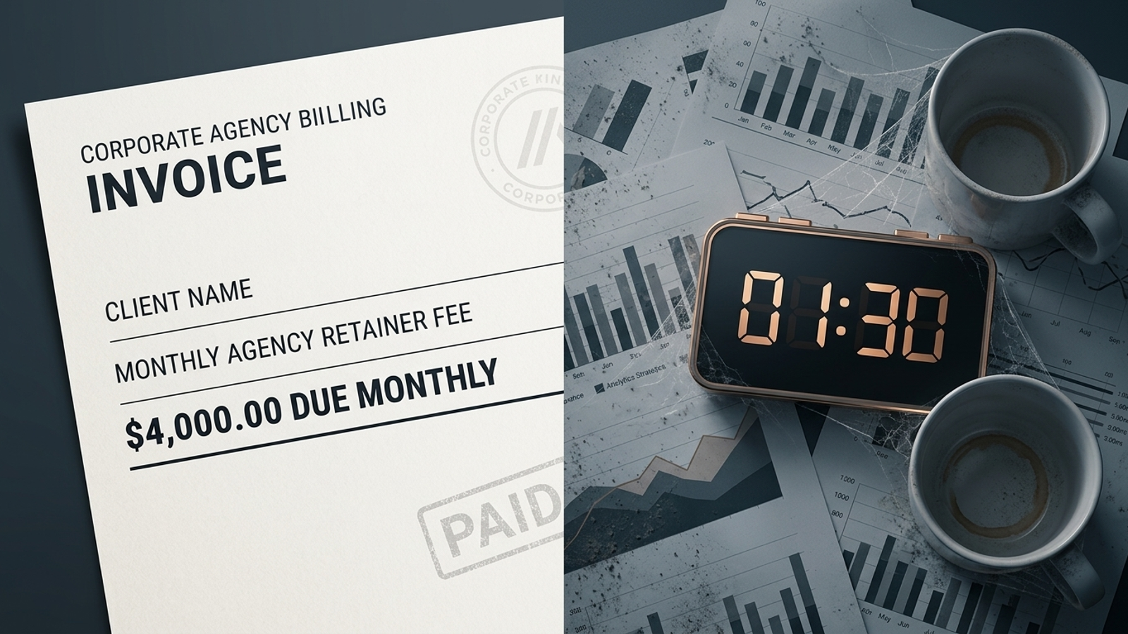 A $4,000 monthly retainer invoice beside a stopwatch showing ninety minutes