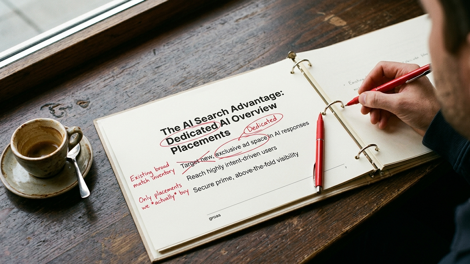 An agency AI Overview ad strategy slide marked up with red-ink corrections.