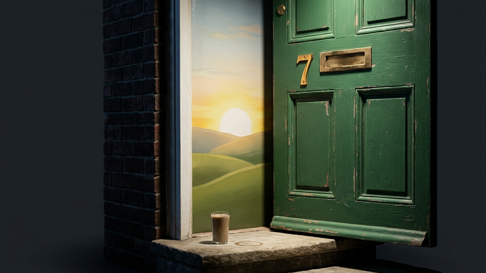An open front door with its familiar brass number intact, but the doorway is plastered over with a pretty sunrise mural: same address, missing page.