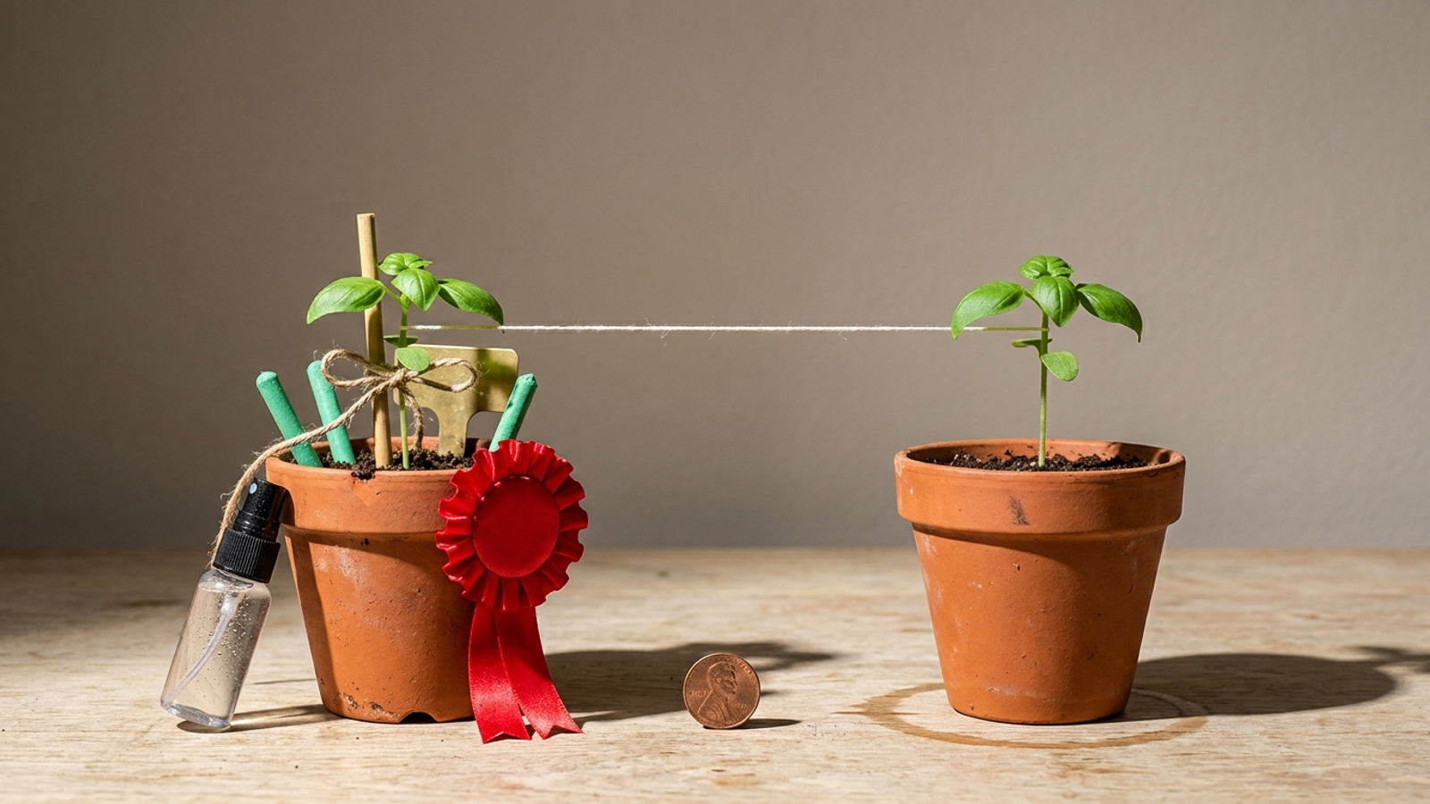 Two identical seedlings, one pampered with fertiliser and a prize ribbon, the other untouched, grown to the exact same height: the control matched the effort.